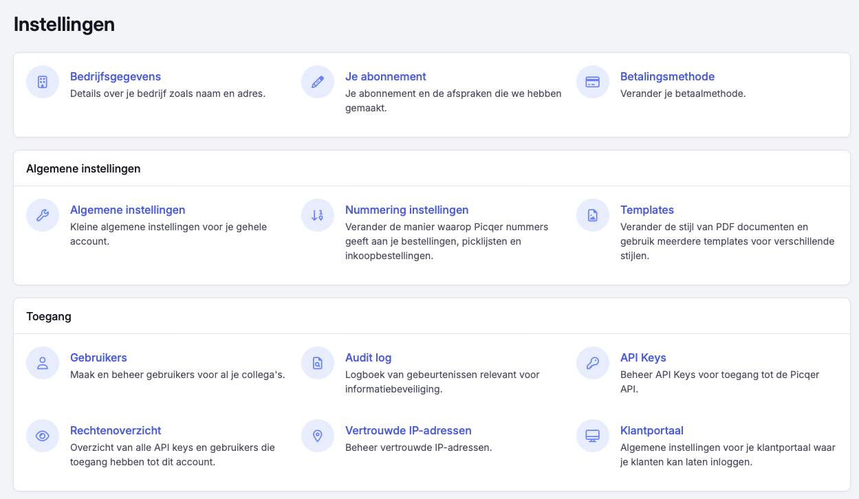 Picqer Instellingen - API Keys