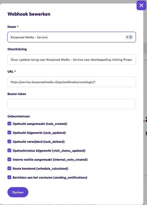 RouteLogic - Webhook instellingen